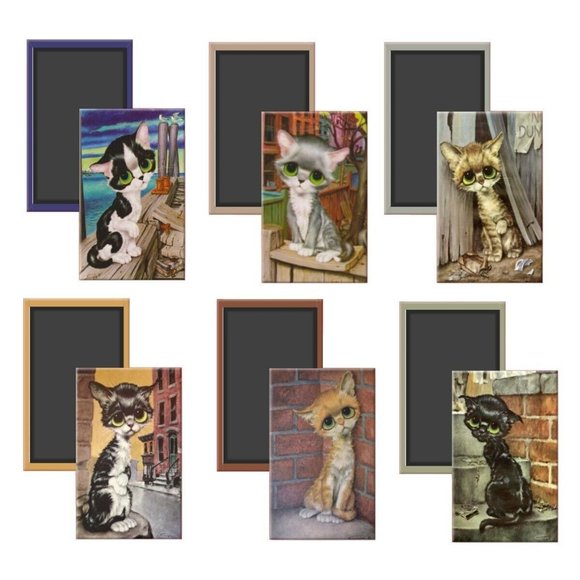 Lot of 6 Pity‎ Kitty Big Eye Cat Vintage Image Fridge Locker Magnets 2 x 3 - Picture 1 of 3